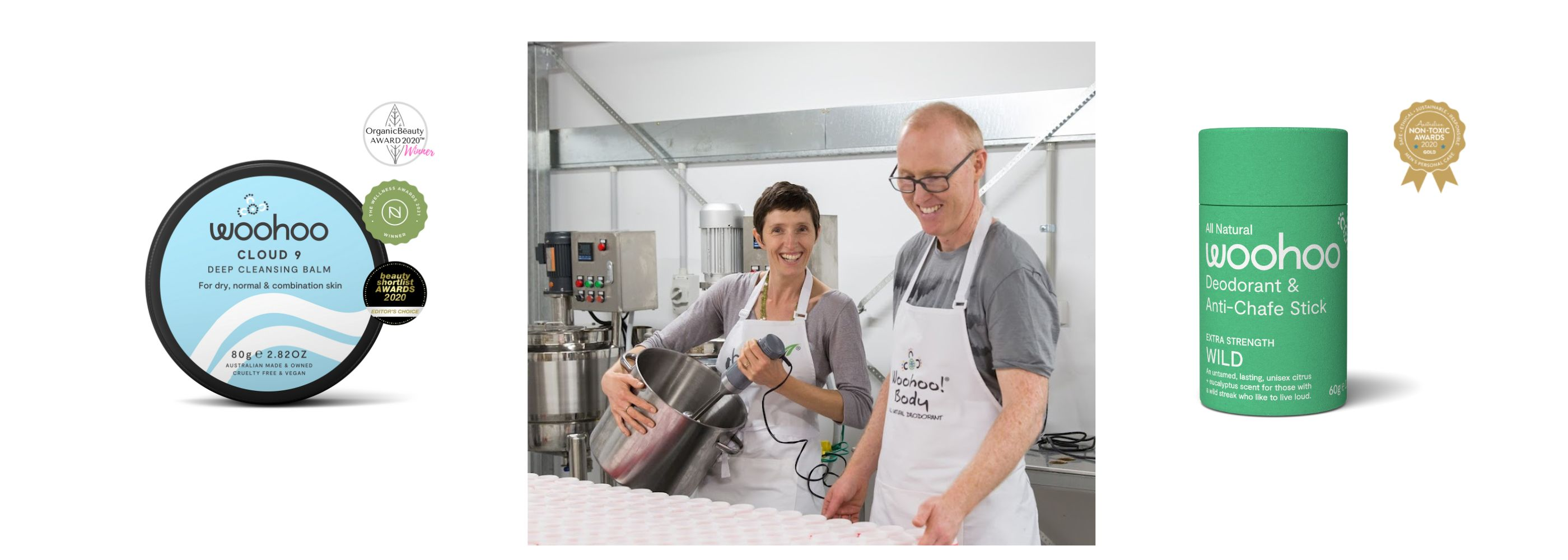 Aaron and Phoebe Breckell in the lab, Phoebe is holding a small silver vat with a mixer. silver vat with a mixer and award winning Deo and Deep Cleansing Balm