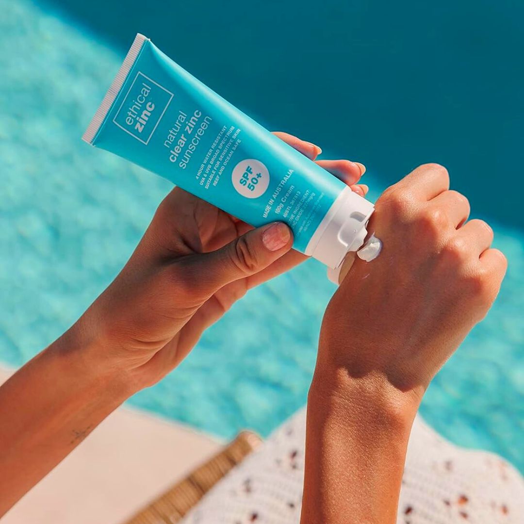 Australian made Ethical Zinc  physical sunscreen being applied by a woman to her hand