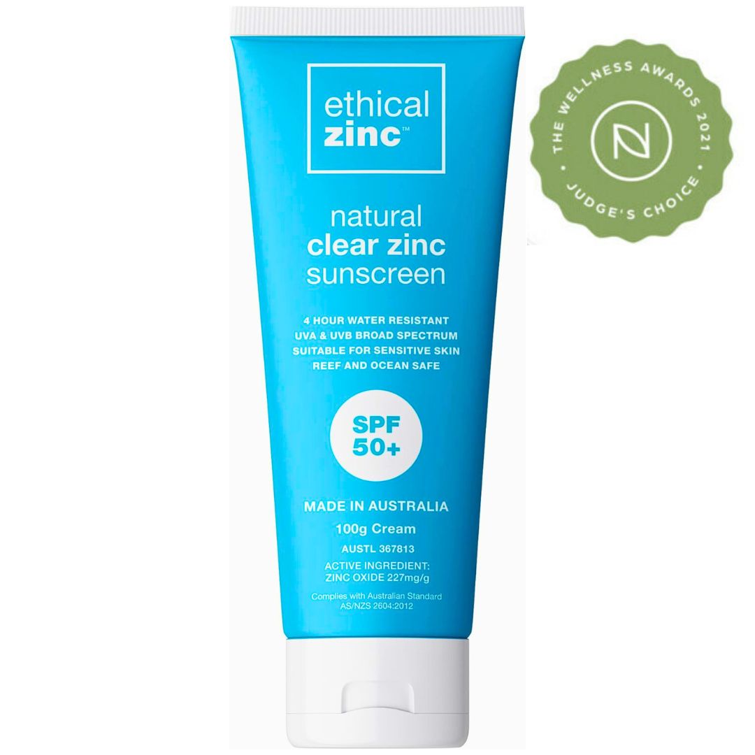 Ethical Zinc SPF50+ Natural Clear Zinc Sunscreen 100g Tube with 2021 Wellness Award