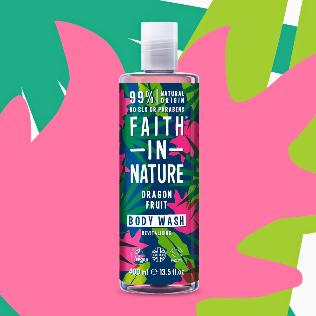 Faith In Nature Vegan Body Wash - Dragon Fruit on a pink, green & puce background