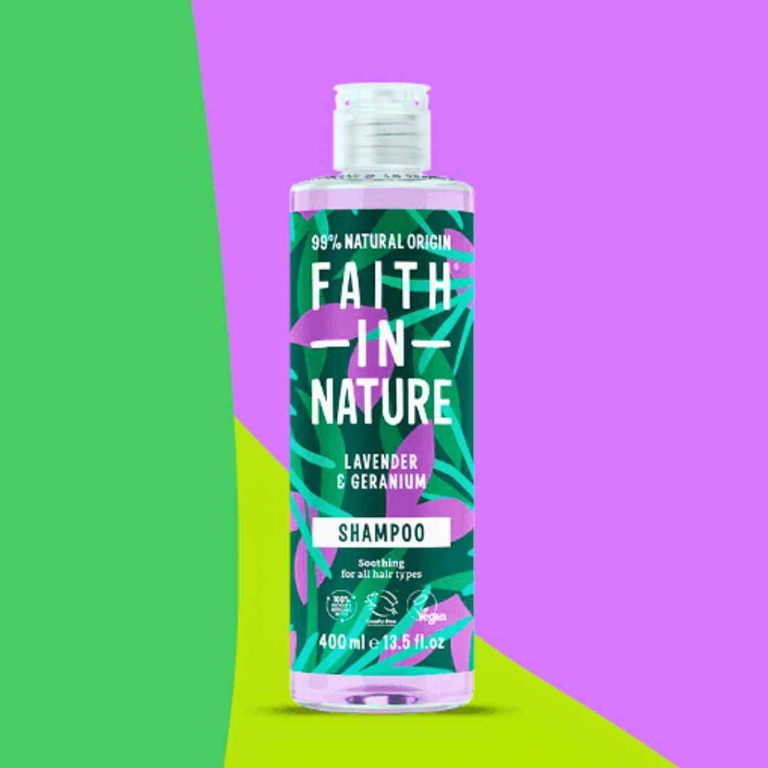 Faith In Nature Vegan Shampoo - Lavender & Geranium on a purple, green & puce background