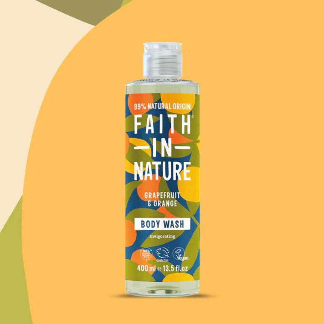 Faith In Nature Vegan Body Wash - Grapefruit & Orange on a yellow, beige and green background.