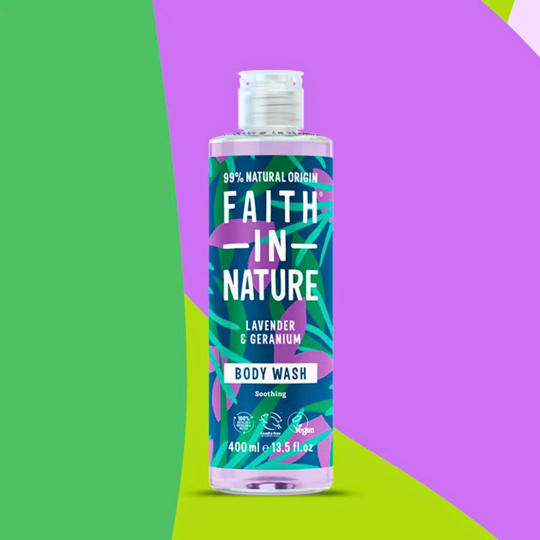 Faith In Nature Vegan Body Wash - Lavender & Geranium on a purple, green & puce background
