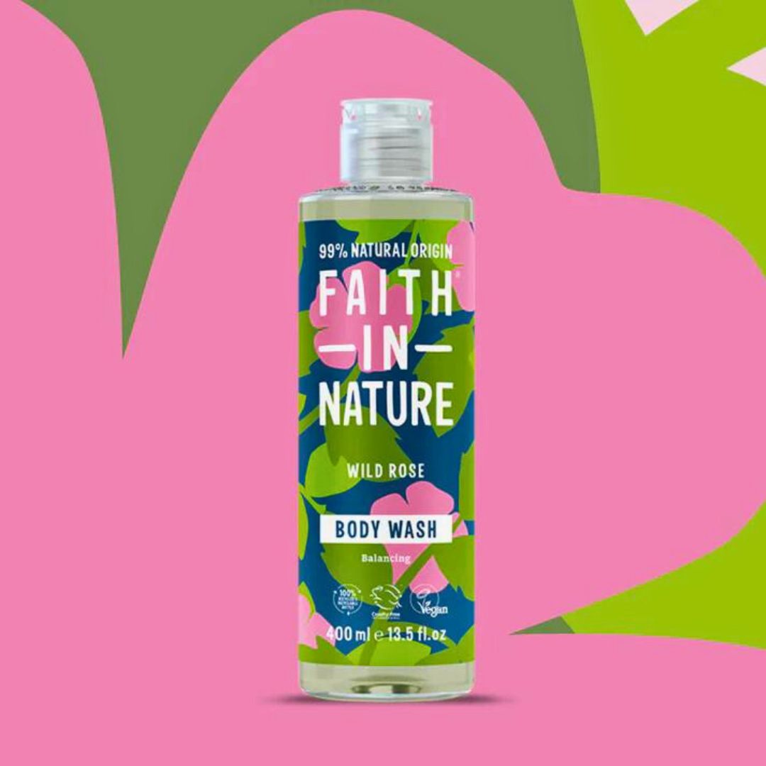 Faith In Nature Vegan Body Wash - Rose on a pink, green & puce background