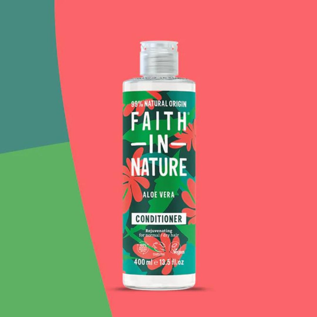 Faith In Nature Vegan Conditioner - Aloe Vera on a red, green & dark blue background. background
