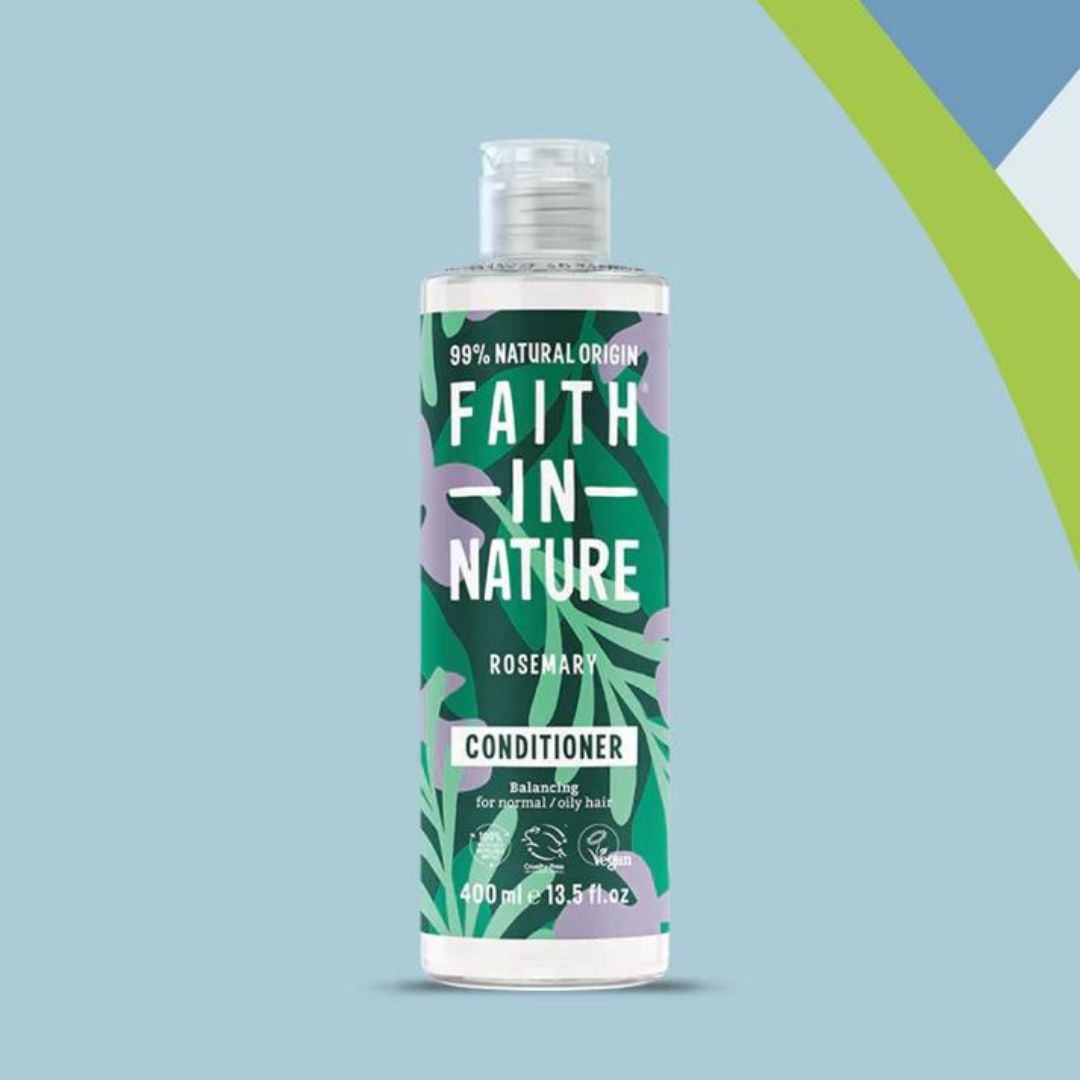 Faith In Nature Vegan Conditioner - Rosemary on a grey blue background.