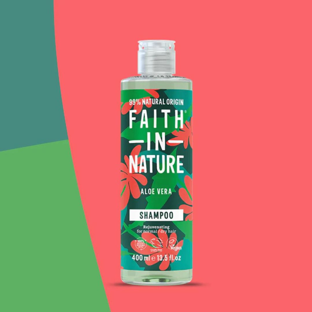 Faith In Nature Vegan Shampoo - Aloe Vera on a red, green & dark blue background. background