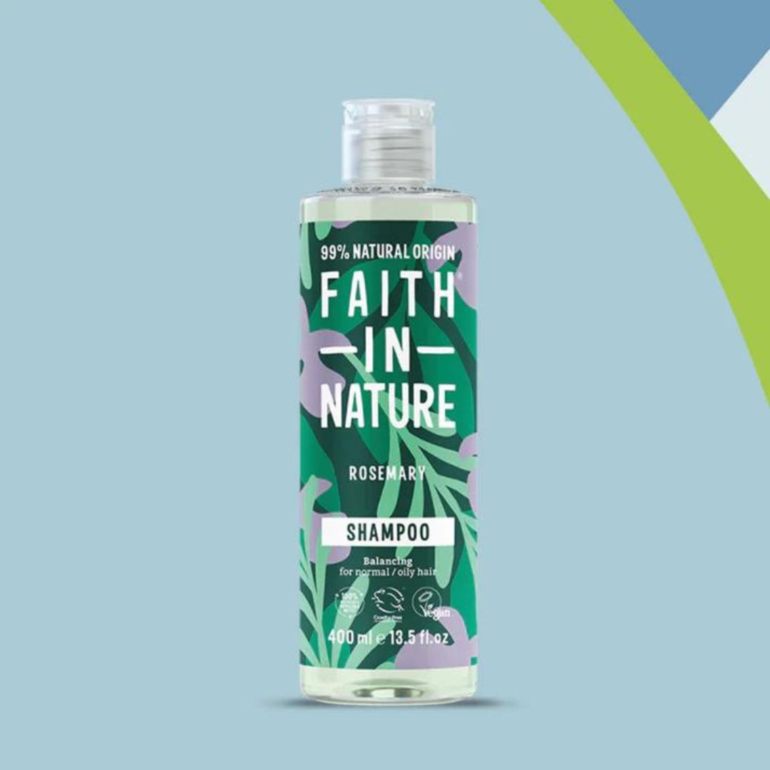 Faith In Nature Vegan Shampoo - Rosemary on a grey blue background.