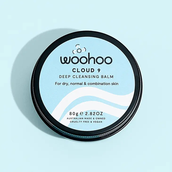 Image of the Woohoo Cloud 9 Deep Cleansing Balm Tin on a light blue background 